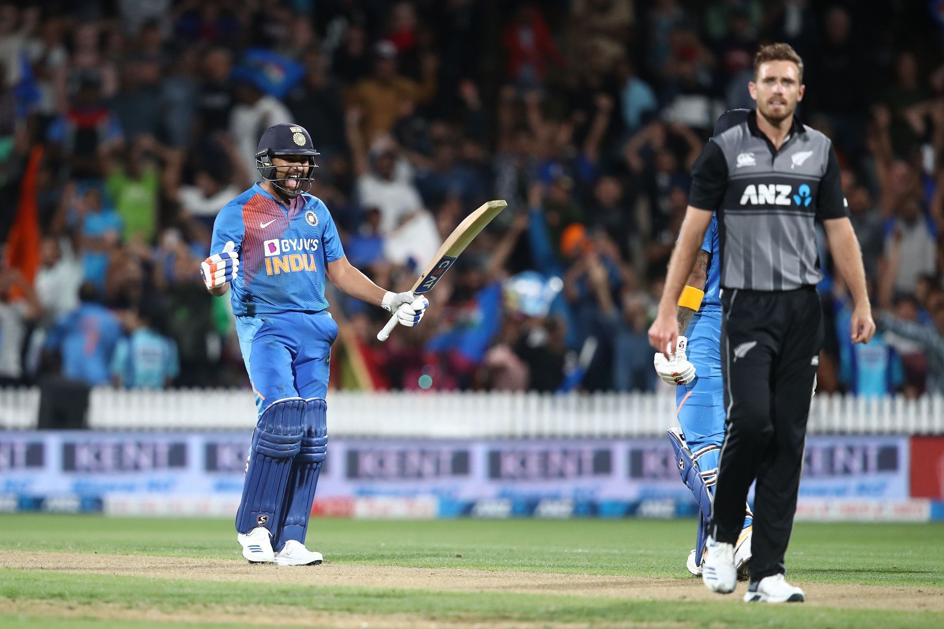 Rohit Sharma celebrates after hitting the winning six on the last ball of the Super Over during the Hamilton T20I. Pic: Getty Images