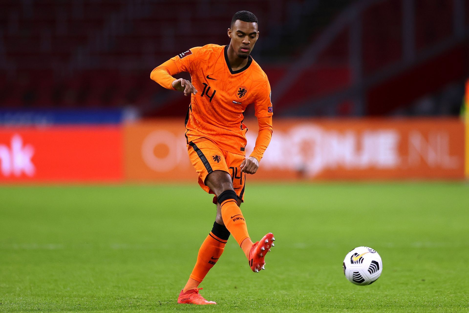 Ryan Gravenberch in action for the Netherlands during a FIFA World Cup 2022 Qualifier against Latvia