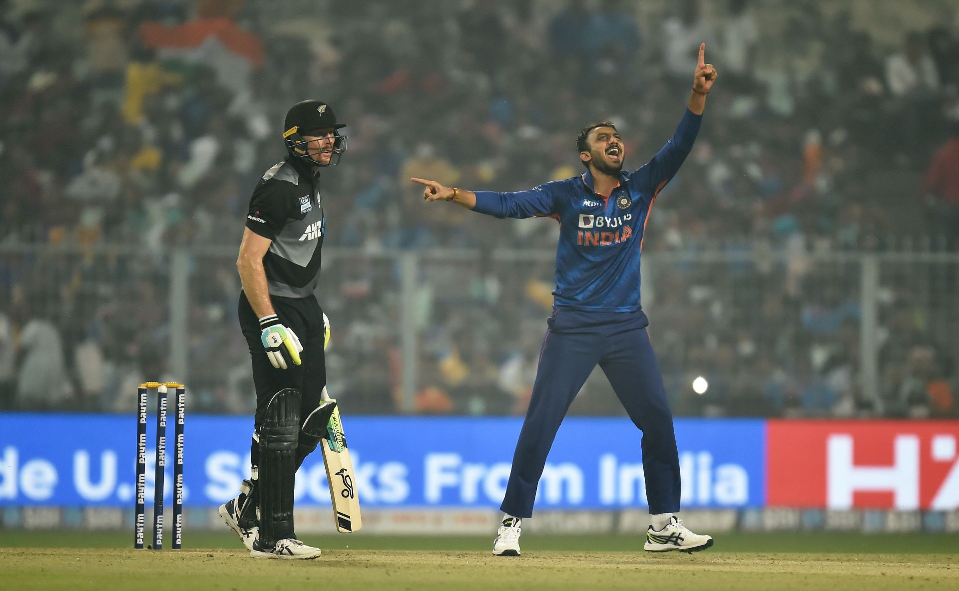 Axar Patel celebrates the wicket of Glenn Phillips in the Kolkata T20I. Pic: Getty Images