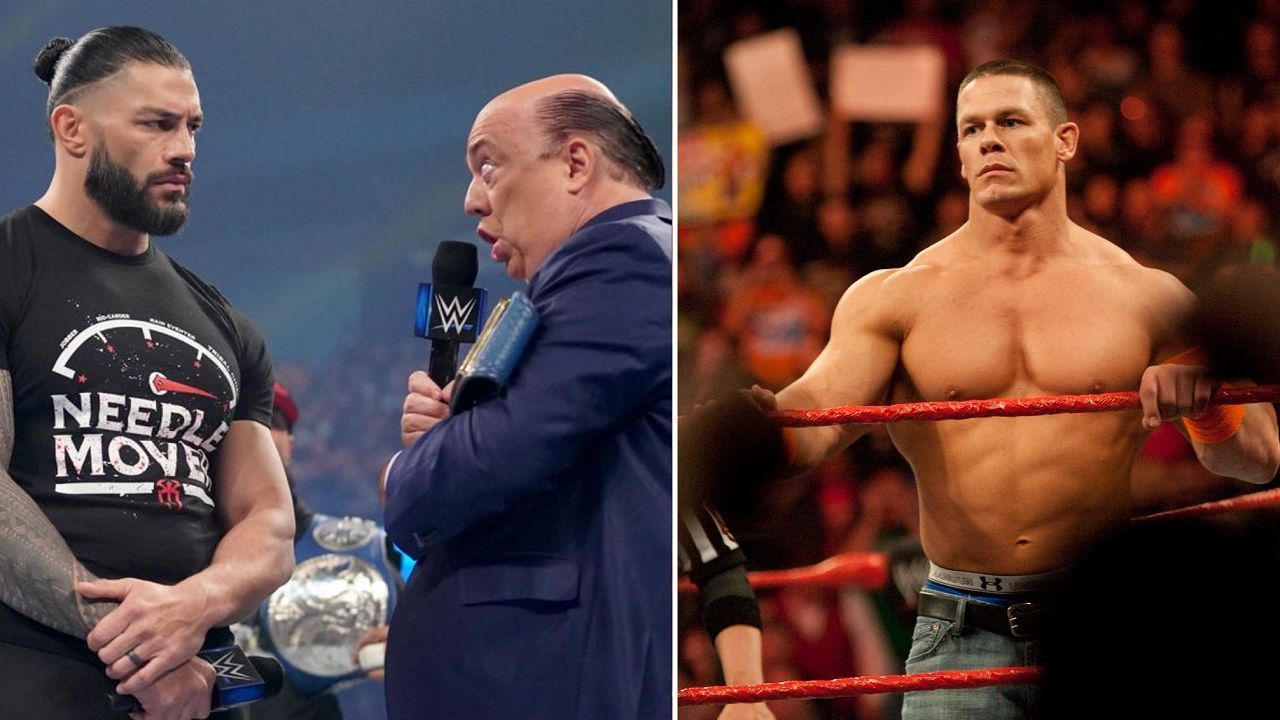 Roman Reigns and Paul Heyman (left); John Cena (right)