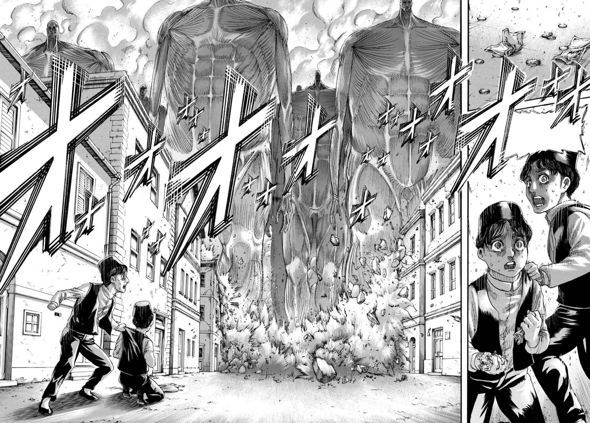 The Rumbling in AOT, from the perspective of refugees. (Image via hajime isayama/Shueisha)