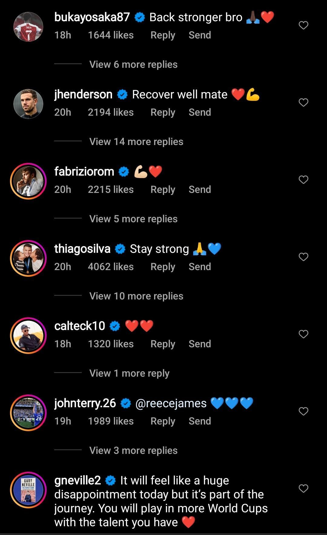 A screenshot of some of the comments on Reece James&#039; Instagram post.