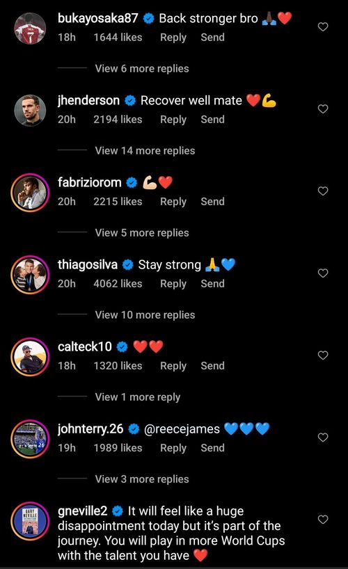 A screenshot of some of the comments on Reece James' Instagram post.