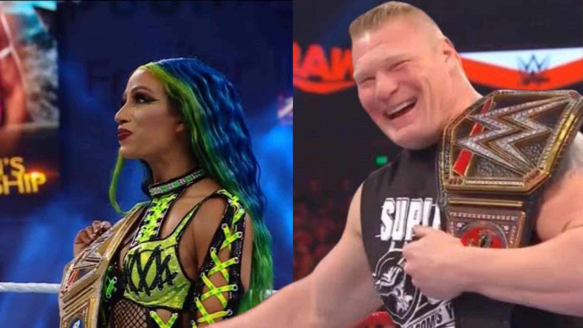 Sasha Banks (L); Brock Lesnar (R).