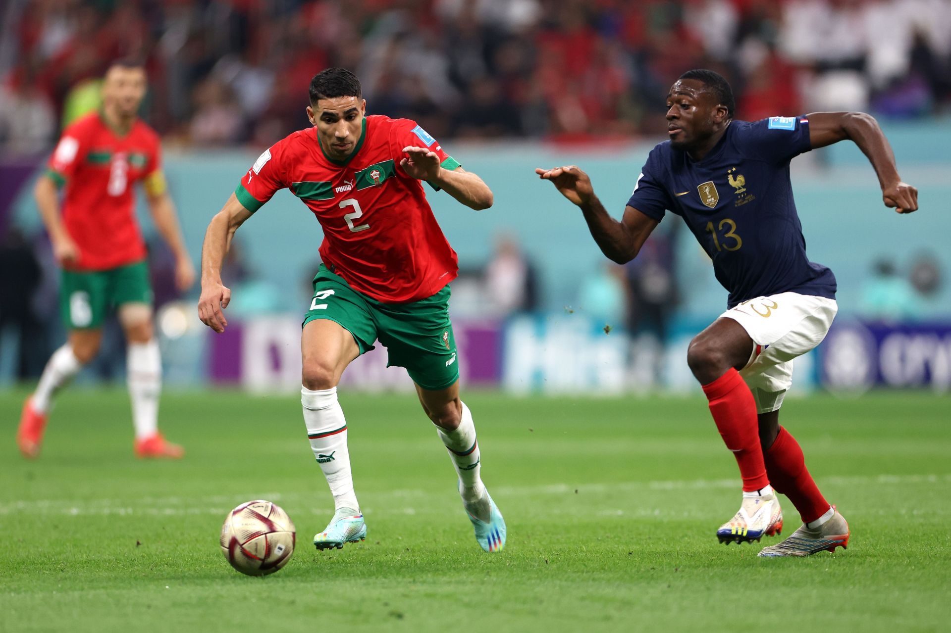 Achraf Hakimi (left) reached the semifinals of the 2022 FIFA World Cup with Morocco.
