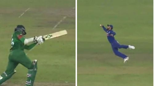 Screen grabs from Virat Kohli's sensational catch to dismiss Shakib. Pics: SonyLiv