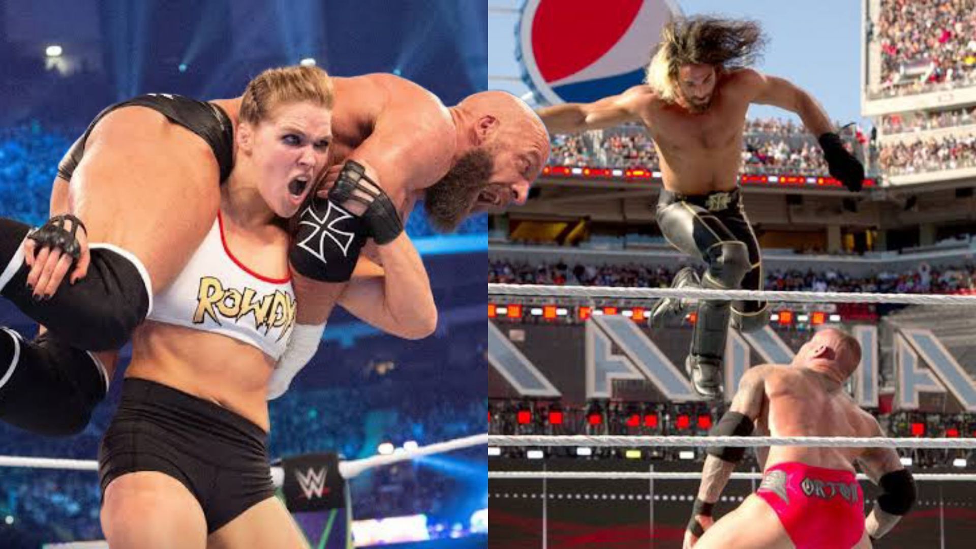 Ronda Rousey and Triple H (L); Seth Rollins and Randy Orton (R).