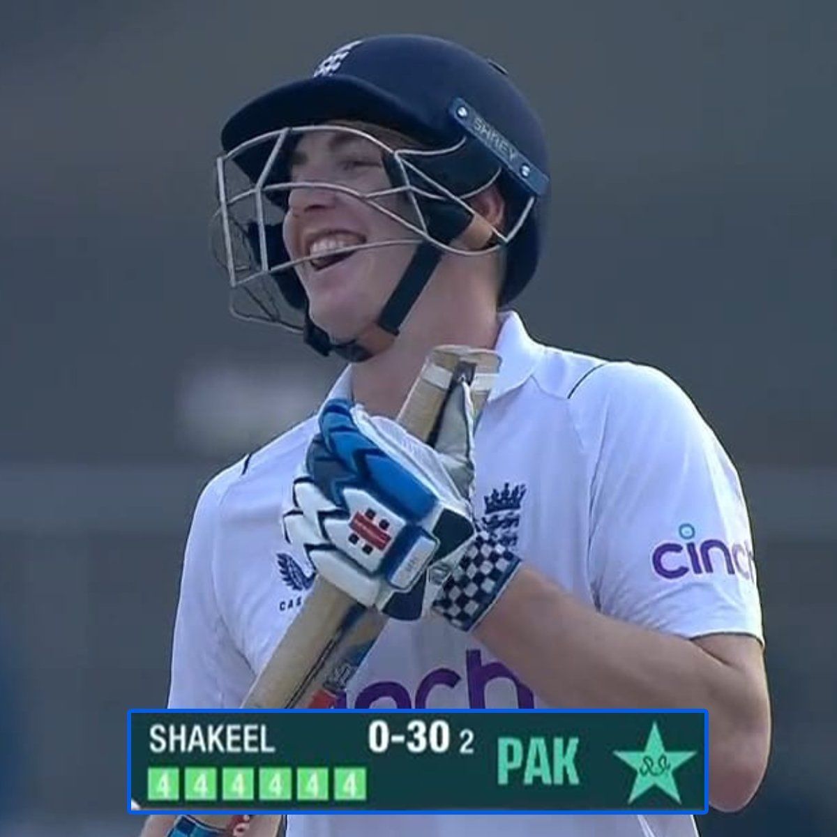 Harry Brook marvels at himself after hitting six fours in an over. (Credits: Twitter)