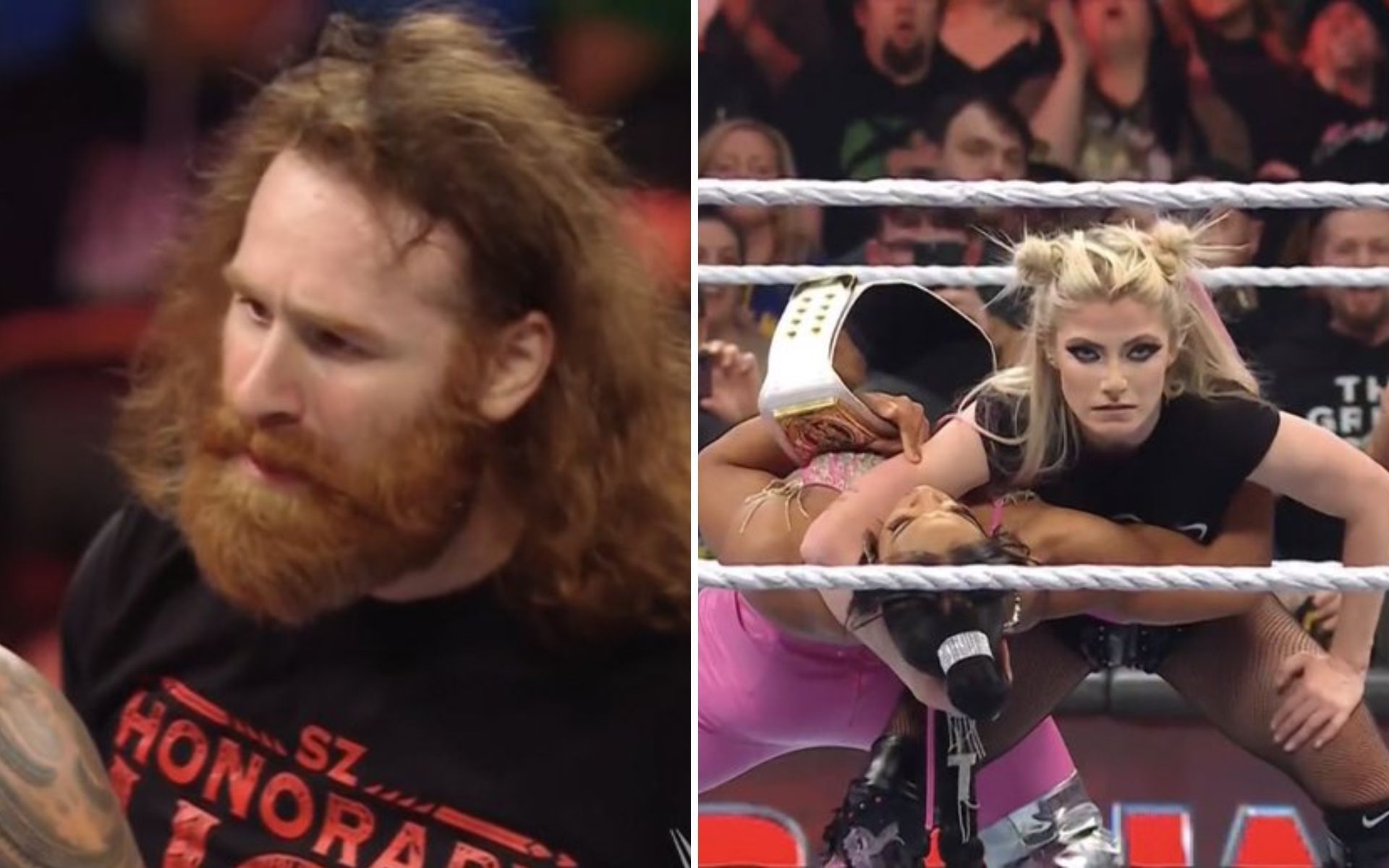 Sami Zayn was present (left); Alexa Bliss was possessed for a second (right)