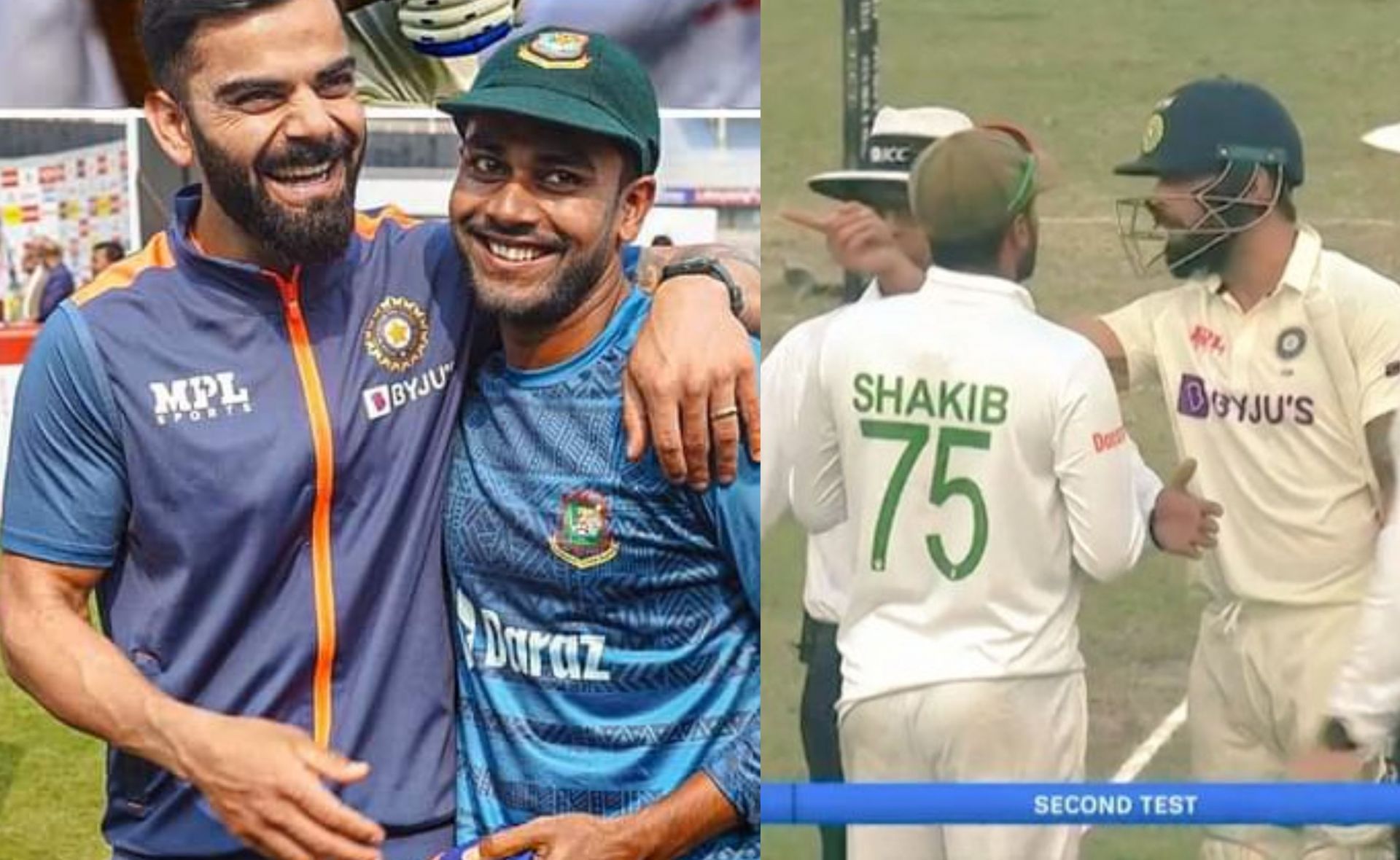 Virat Kohli and Mehidy Hasan Miraz after the conclusion of second Test