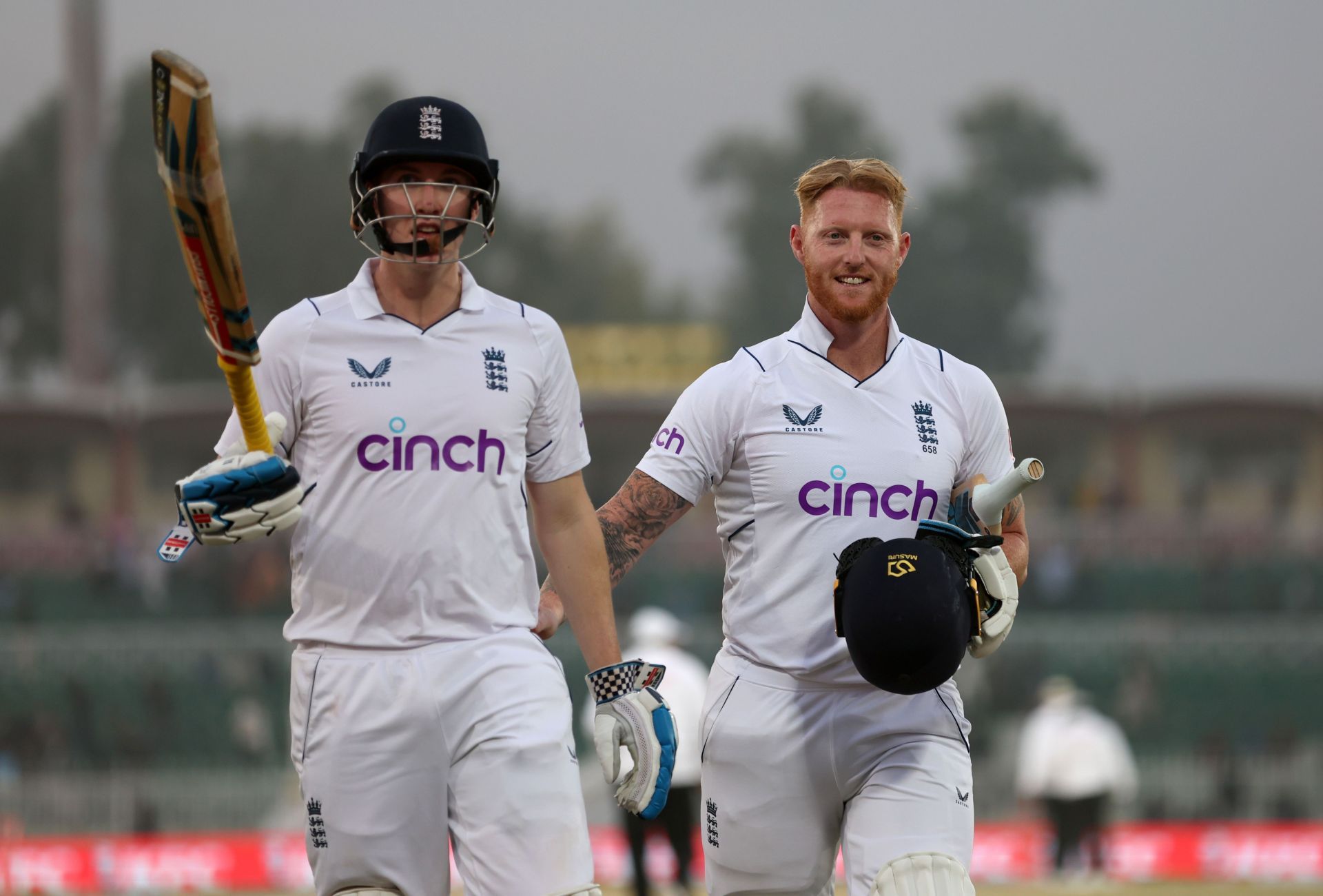 Harry Brook and Ben Stokes walk off after the first day's play in Rawalpindi. (Image Credits: Getty)