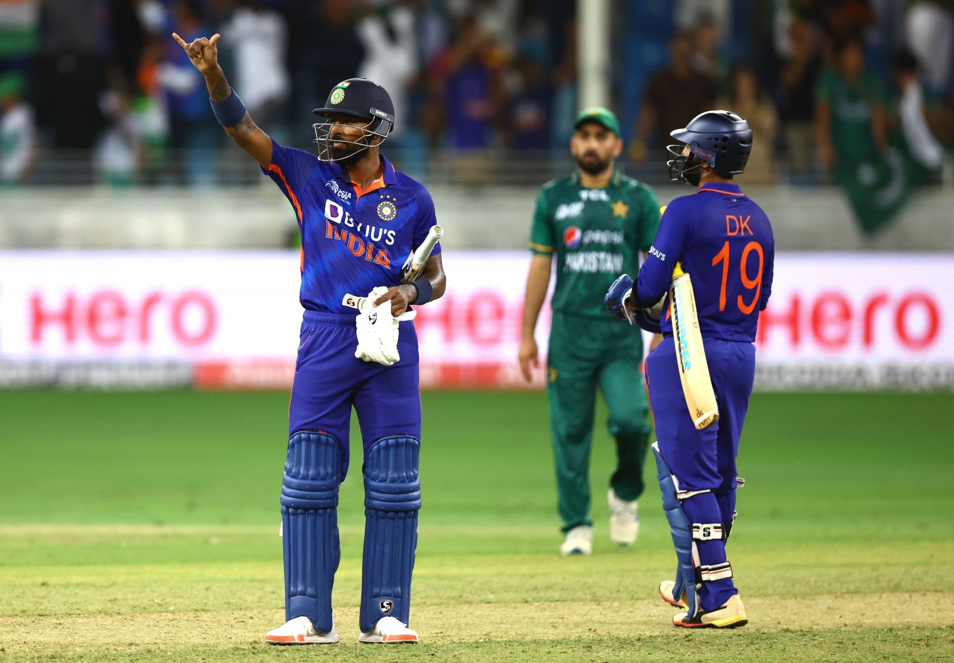 Hardik Pandya celebrates after hitting the winning runs against Pakistan in India’s Asia Cup 2022 opener. Pic: Getty Images