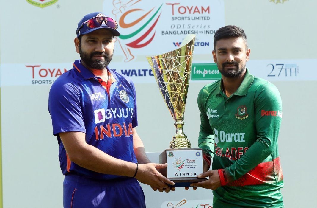 Rohit Sharma and Litton Das posing with the IND-BAN ODI trophy [Pic Credit: BCCI]