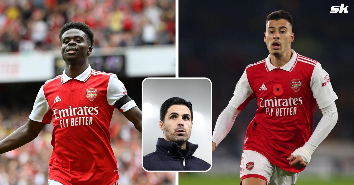 [L-to-R] Bukayo Saka and Gabriel Martinelli; [inset] Mikel Arteta.