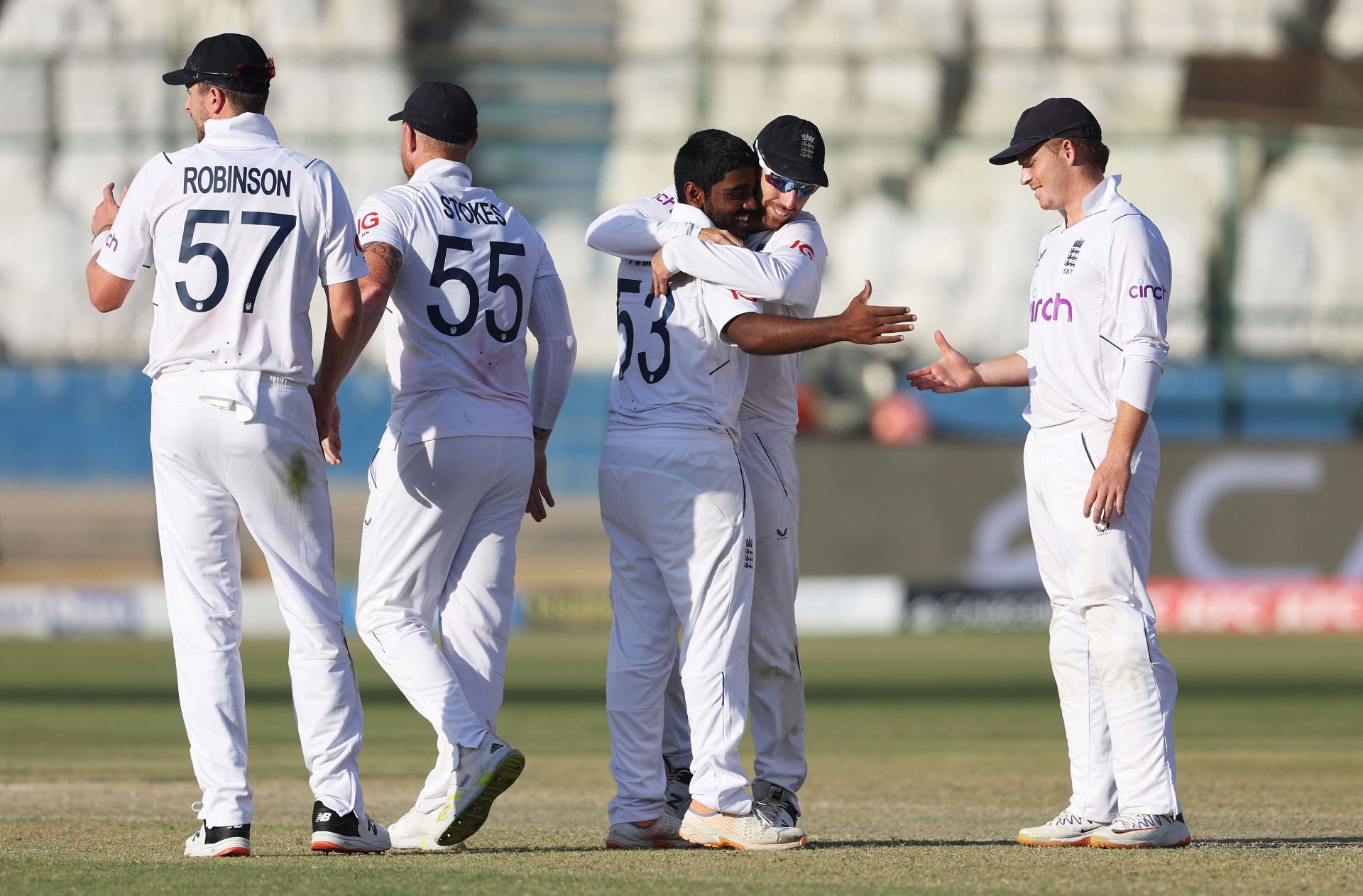 Rehan Ahmed is congratulated on the wicket of Agha Salman. Pic: Getty Images