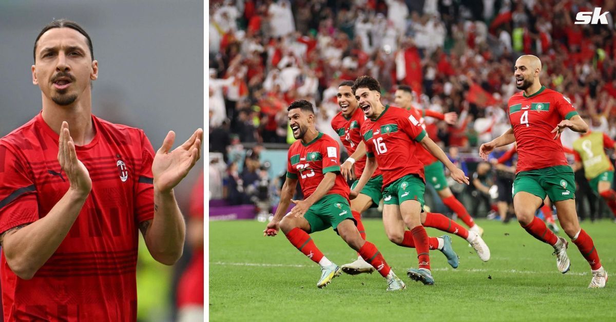 [L-to-R] Zlatan Ibrahimovic; Moroccan players celebrate at the 2022 FIFA World Cup.