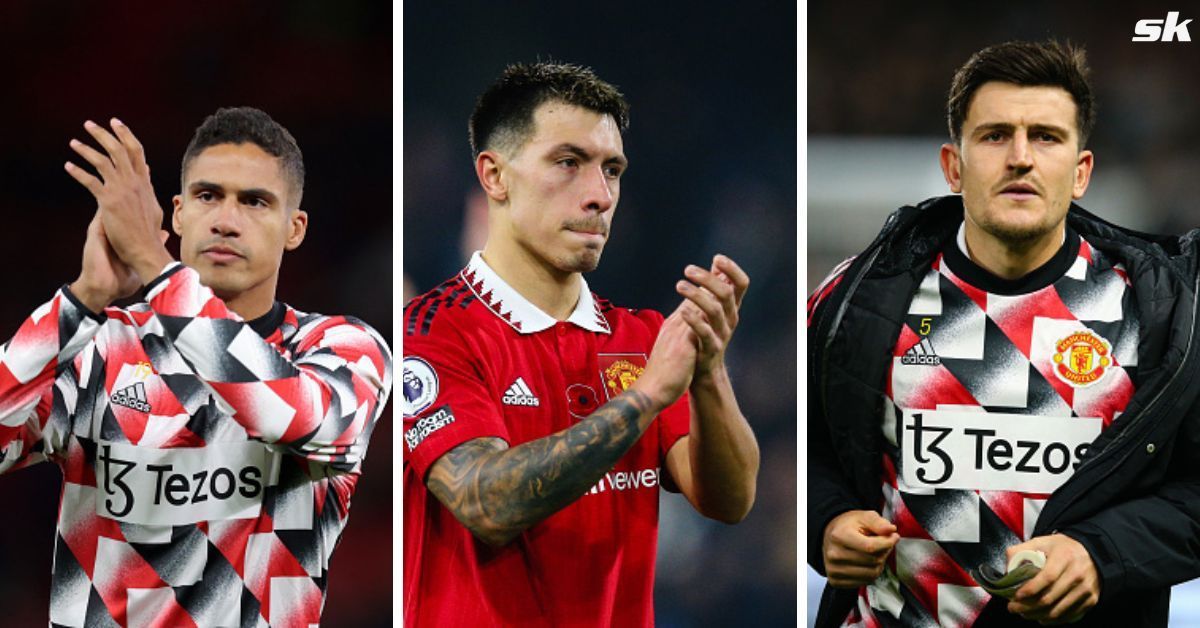 [L-to-R] Raphael Varane, Lisandro Martinez and Harry Maguire.