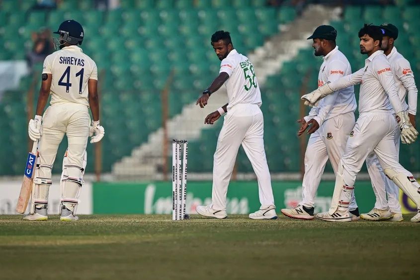 Shreyas Iyer was lucky to survive on 77 on Day 1 of the Chattogram Test. Pic: ICC