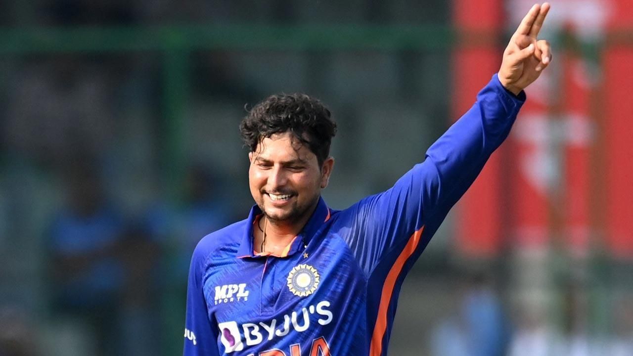 Kuldeep Yadav celebrates taking a wicket in third ODI vs South Africa in New Delhi. (PC: AFP)