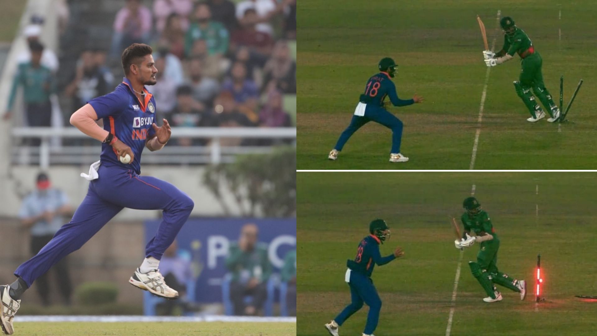 Snippets from Ebadot Hossain getting hit wicket off Kuldeep