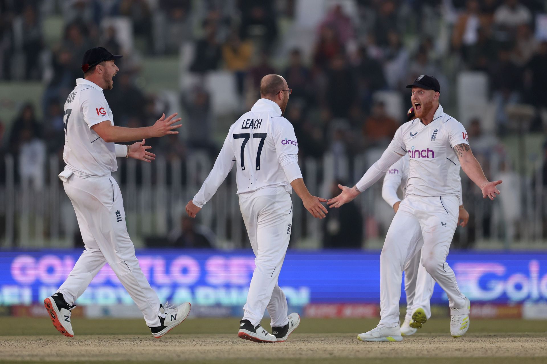 England players celebrate after taking the final wicket against Pakistan. Pic: Getty Images