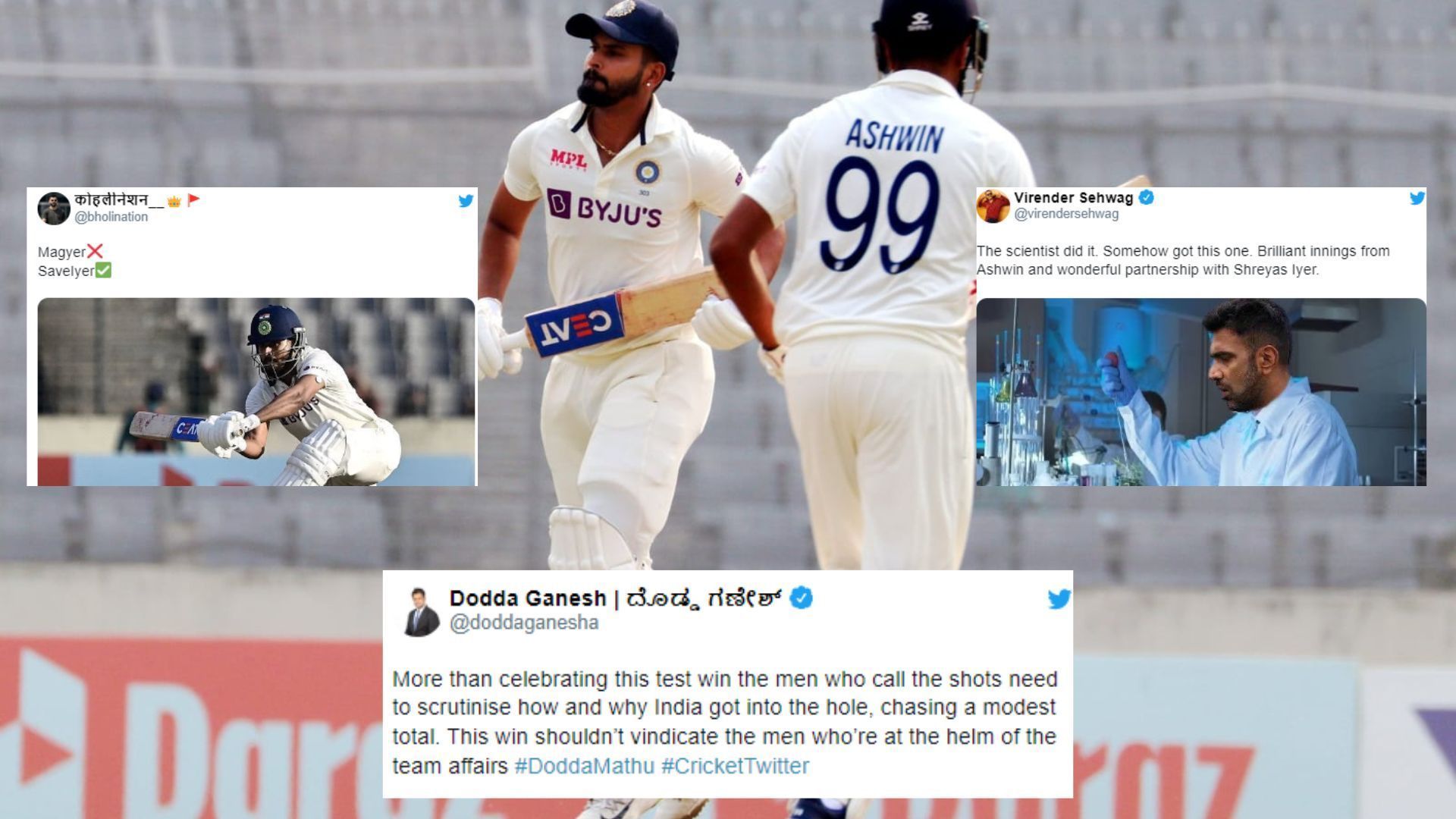 Shreyas Iyer (29*) &amp; Ravichandran Ashwin (42*) dug India out of a hole on Sunday. (P.C.:Twitter)