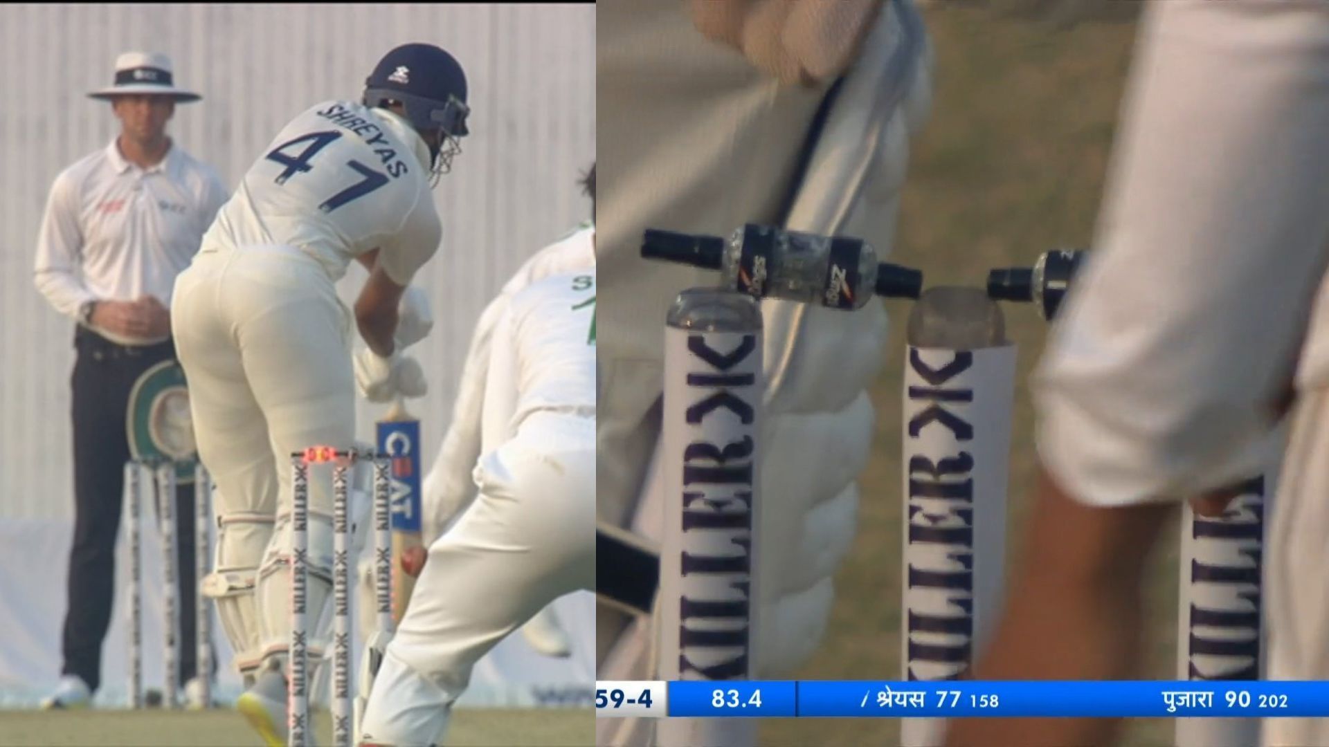[Watch] Shreyas Iyer receives a stroke of luck after bails fail to completely dislodge off the stumps on Day 1 against Bangladesh 