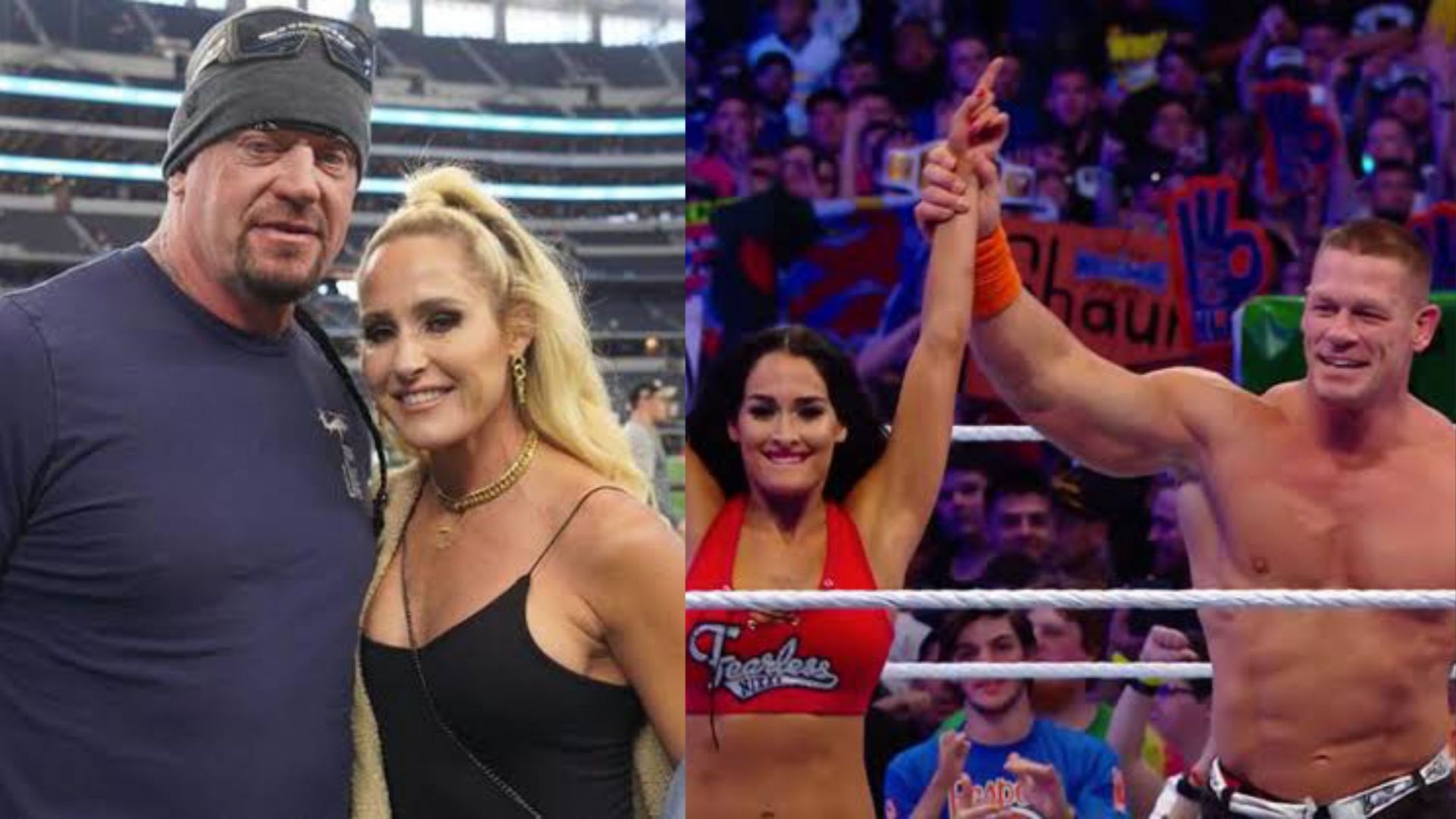 The Undertaker and Michelle McCool (L); Nikki Bella and John Cena (R).