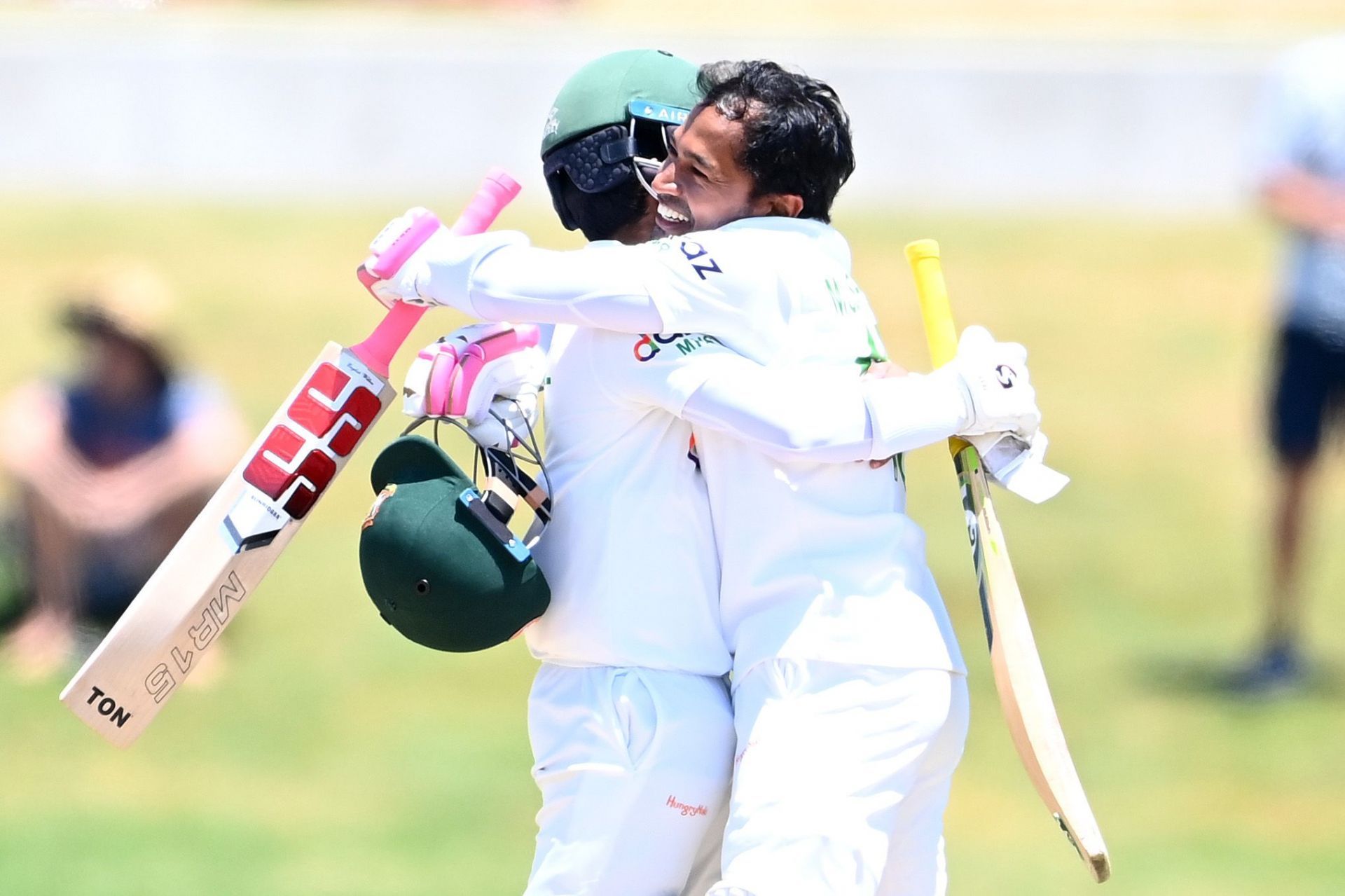 Mominul Haque and Mushfiqur Rahim celebrate an unforgettable day in Bangladesh’s cricket history -winning an international match in New Zealand for the first time. Pic: Getty Images