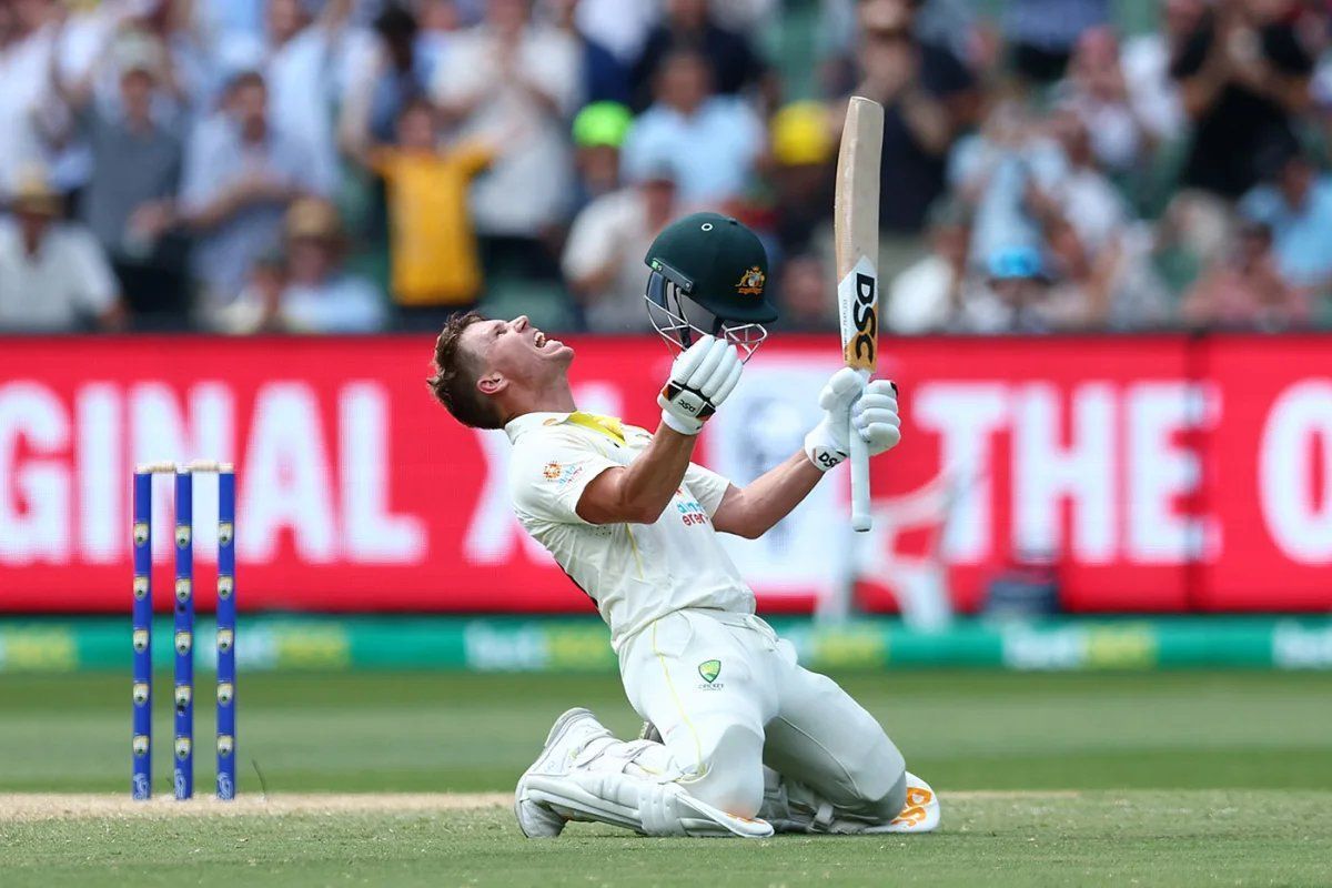 David Warner celebrates after scoring a double-hundred in his 100th Test on Tuesday. (P.C.:Twitter)