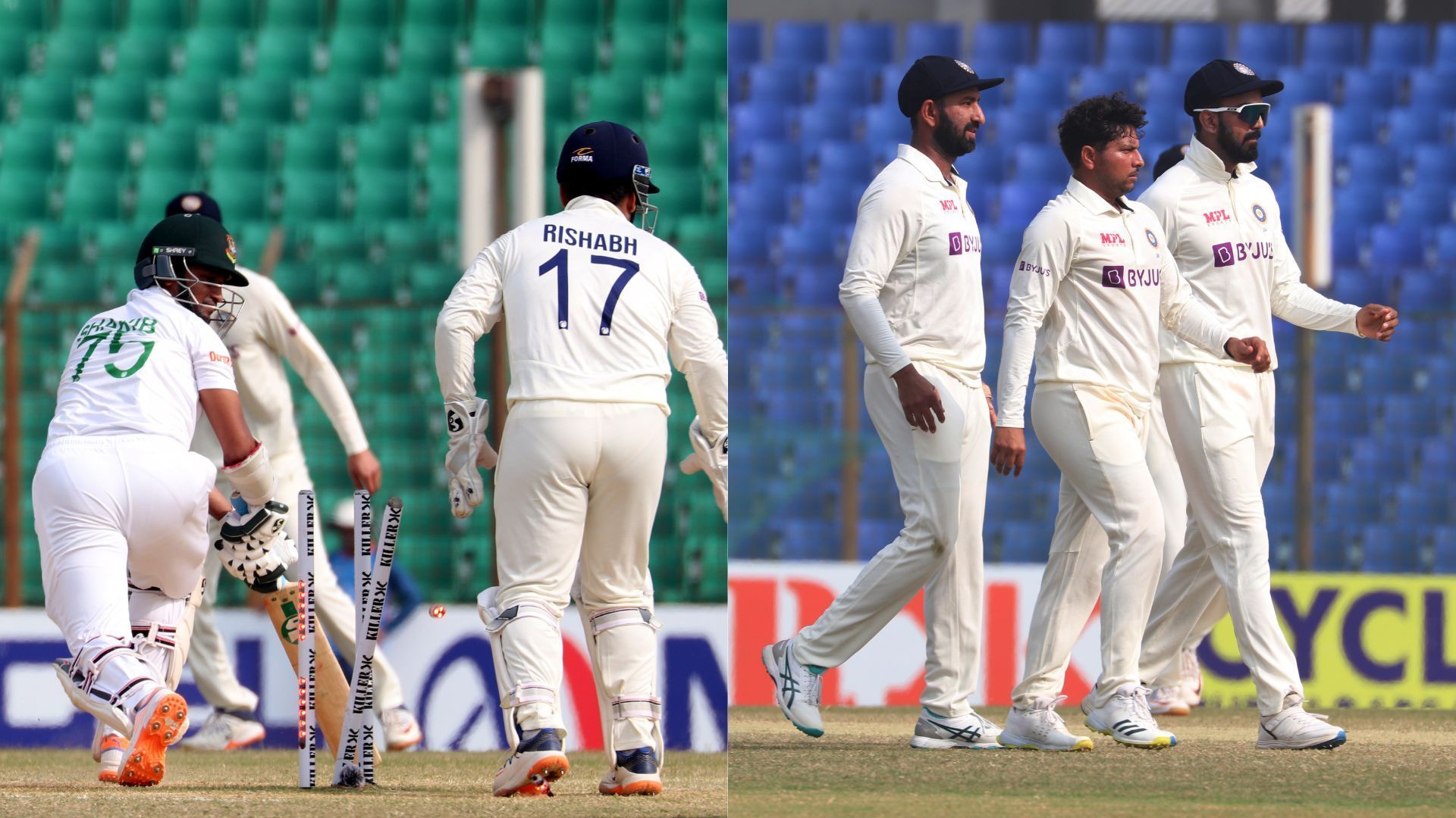 Shakib Al Hasan (L) was dismissed by Kuldeep Yadav in both innings (P.C.:Twitter)