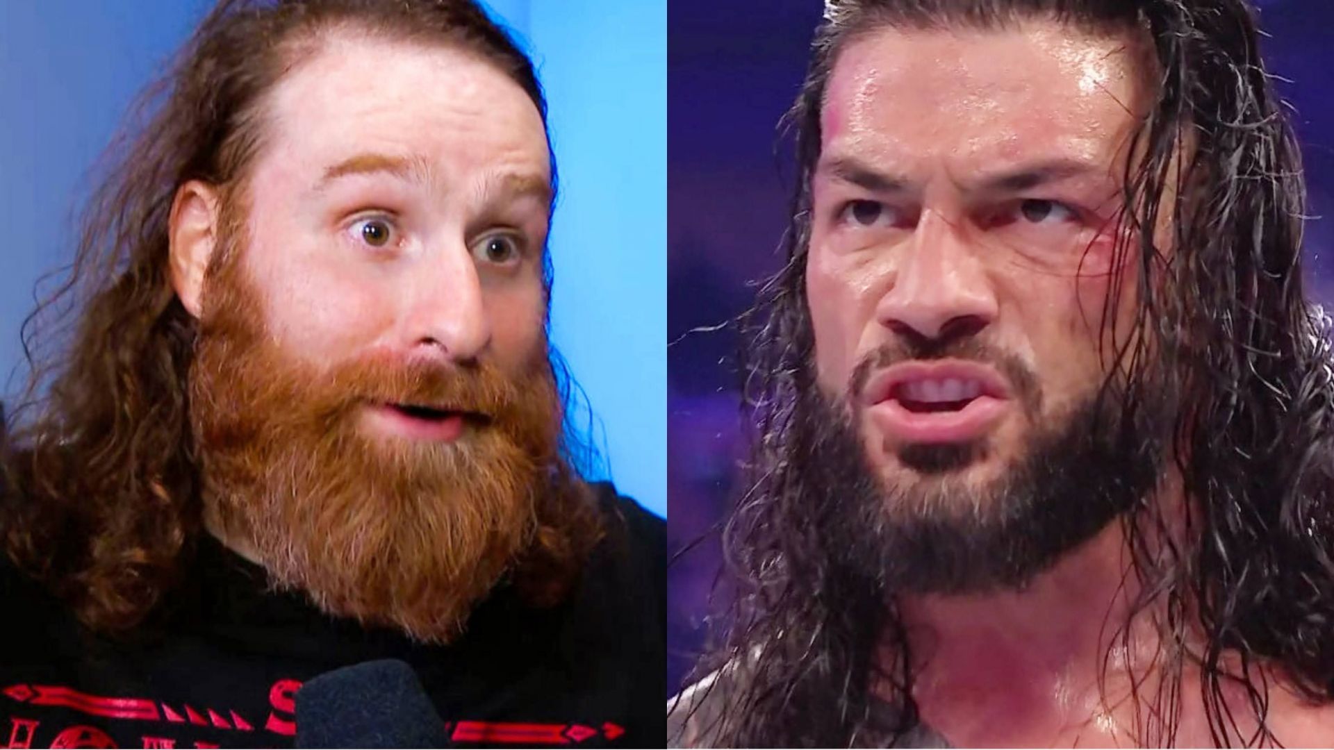 Sami Zayn (left) and Undisputed WWE Universal Champion Roman Reigns (right)