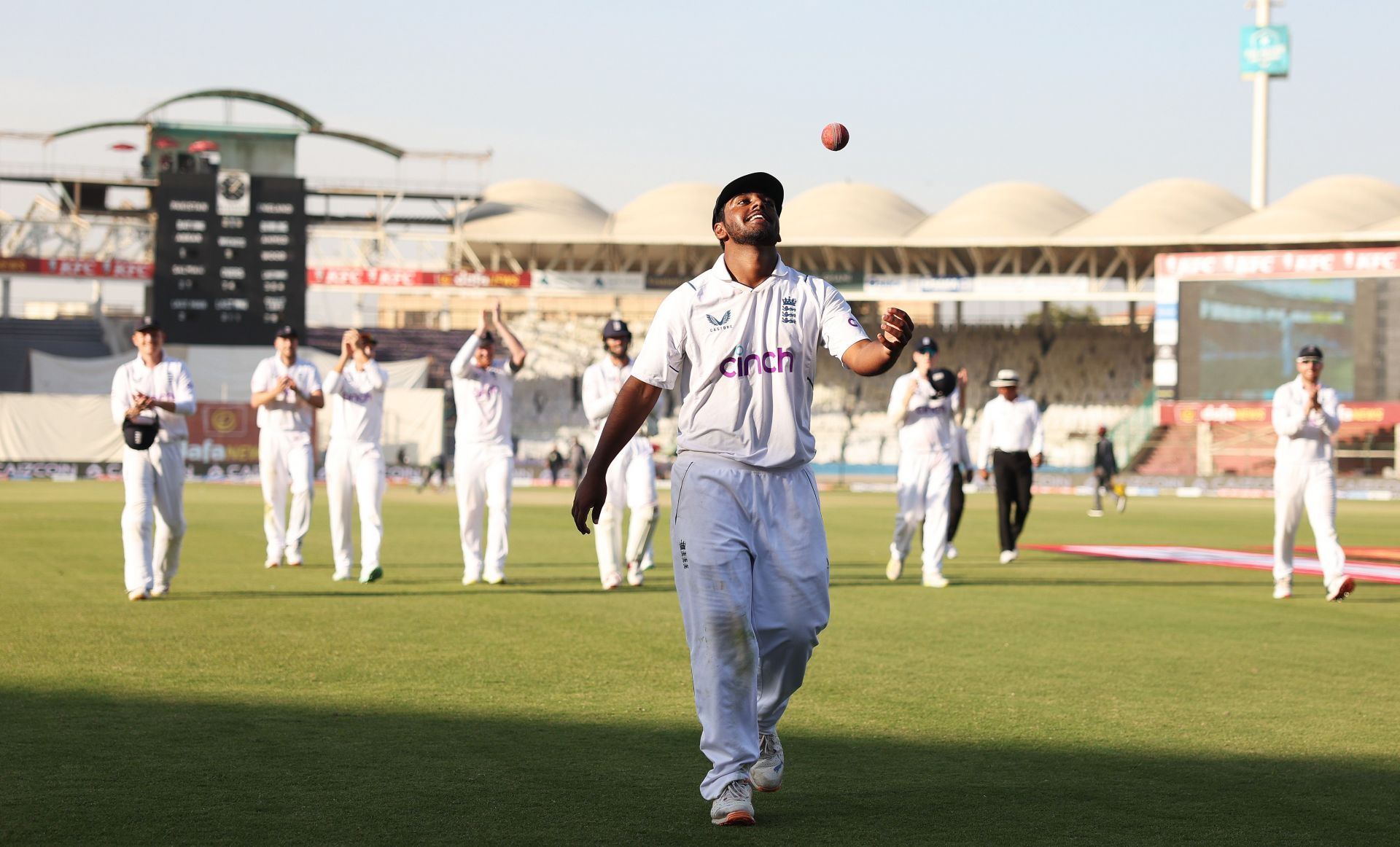 Rehan Ahmed of England walks off, after becoming the youngest debutant in men's Test history to take a five-fer. Pic: Getty Images