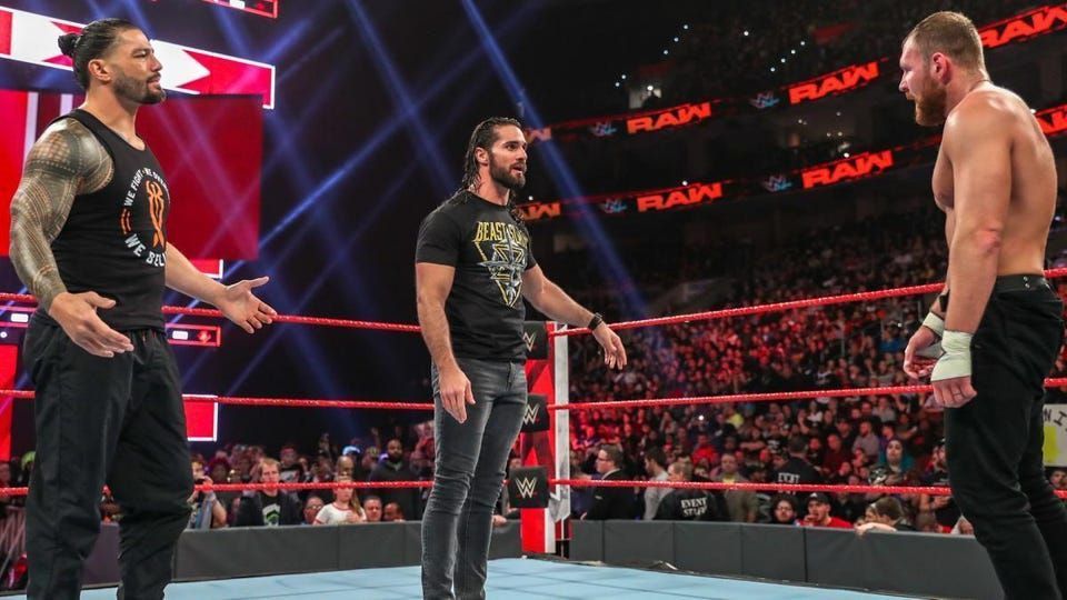 Roman Reigns, Seth Rollins and Jon Moxley on Monday Night RAW