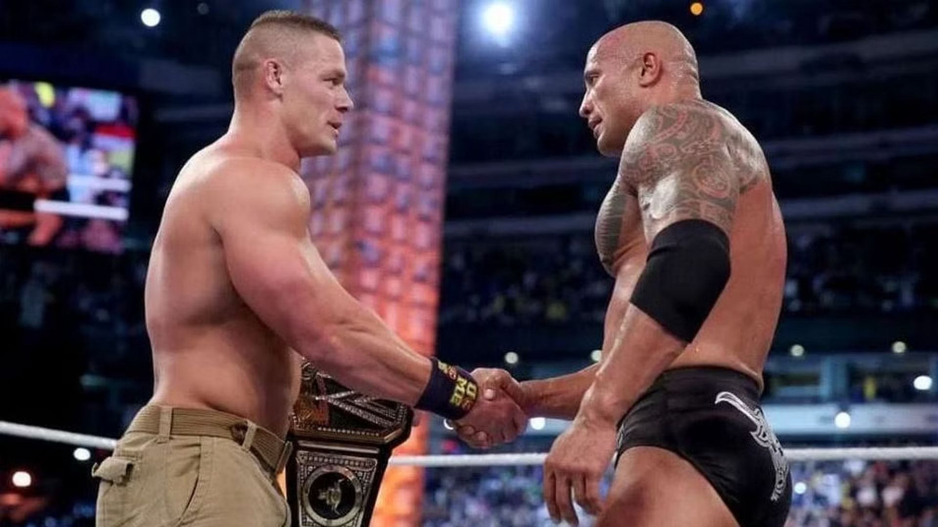 John Cena and The Rock after the main event of WrestleMania 29