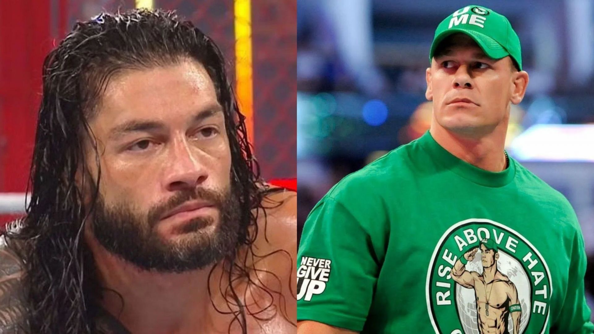 Roman Reigns (left); John Cena (right)