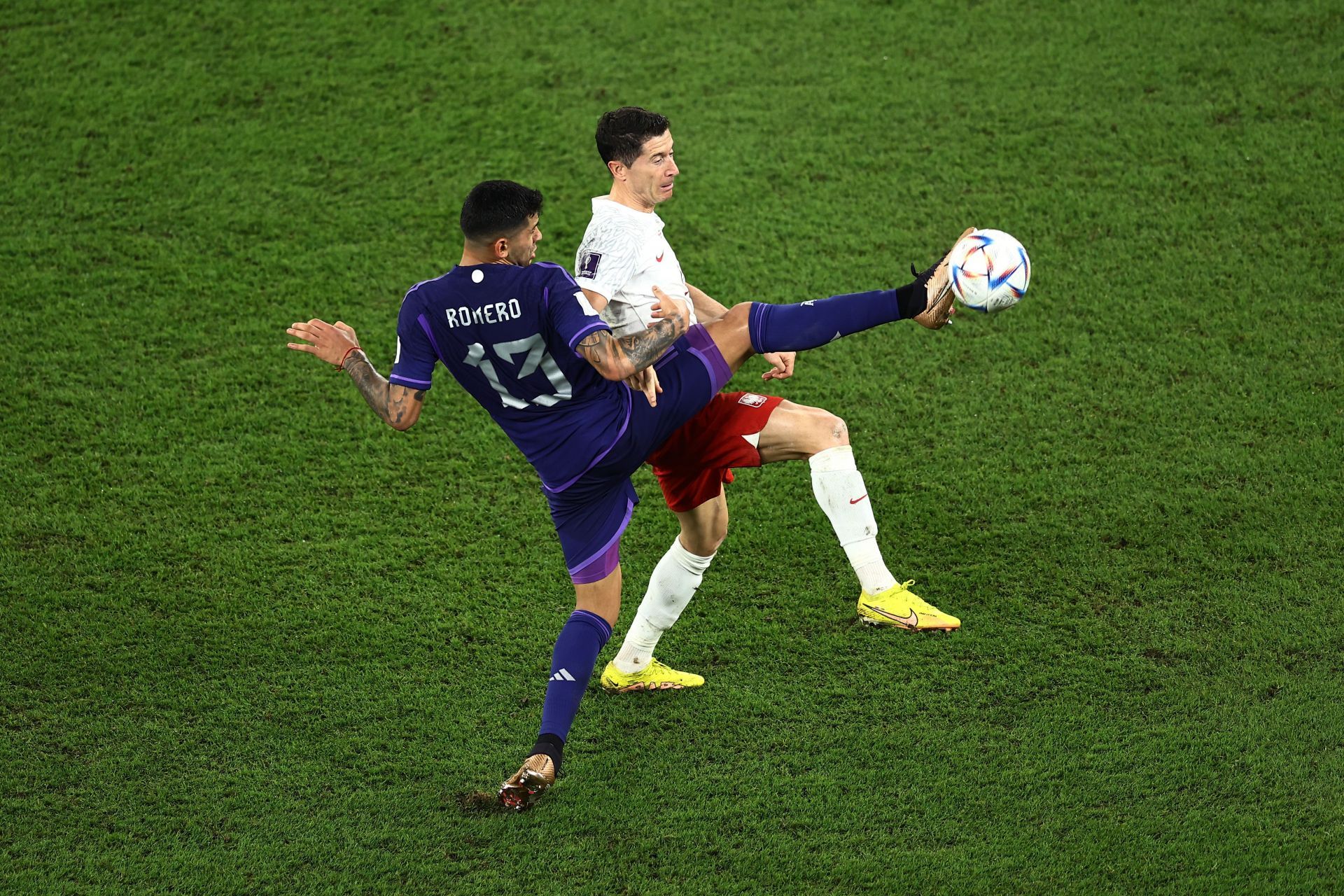 Cristian Romero battles for possession with Poland's Robert Lewandowski: Group C - FIFA World Cup Qatar 2022