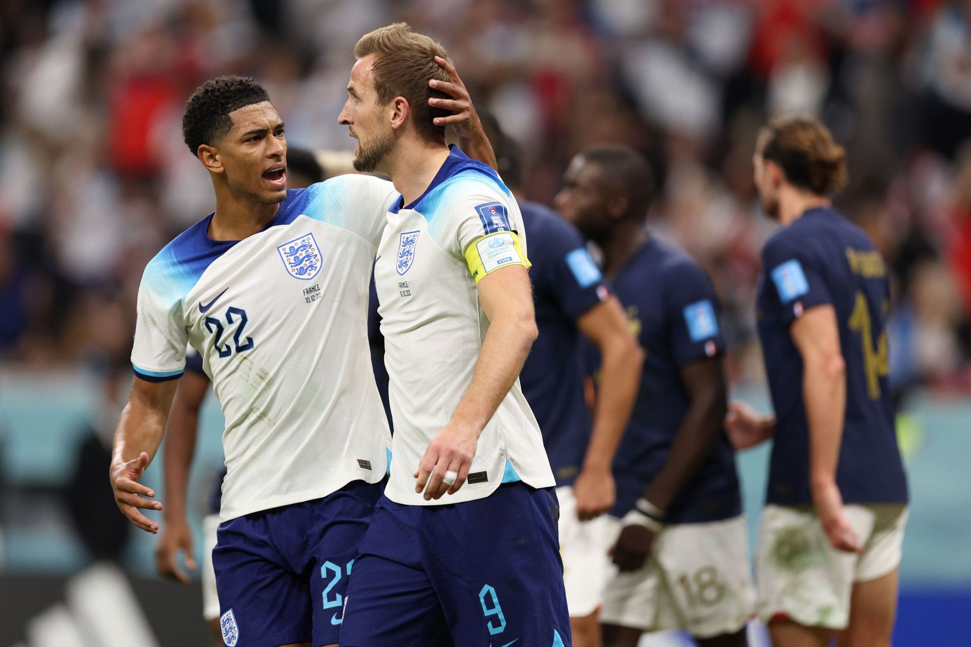 Jude Bellingham (left) seen comforting Harry Kane after the latter&#039;s penalty miss.