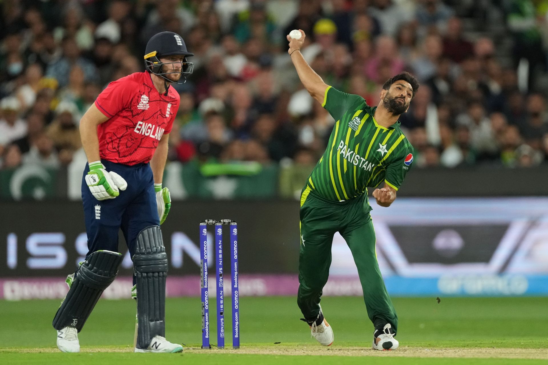 Haris Rauf bowls in the T20 World Cup final. Pic: Getty Images