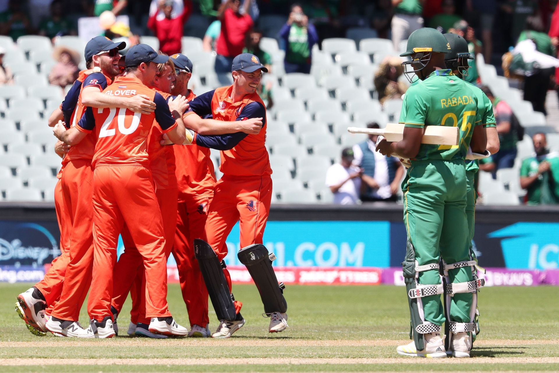 Netherlands players celebrate their historic win over South Africa in the T20 Cricket World Cup 2022. Pic: Getty Images