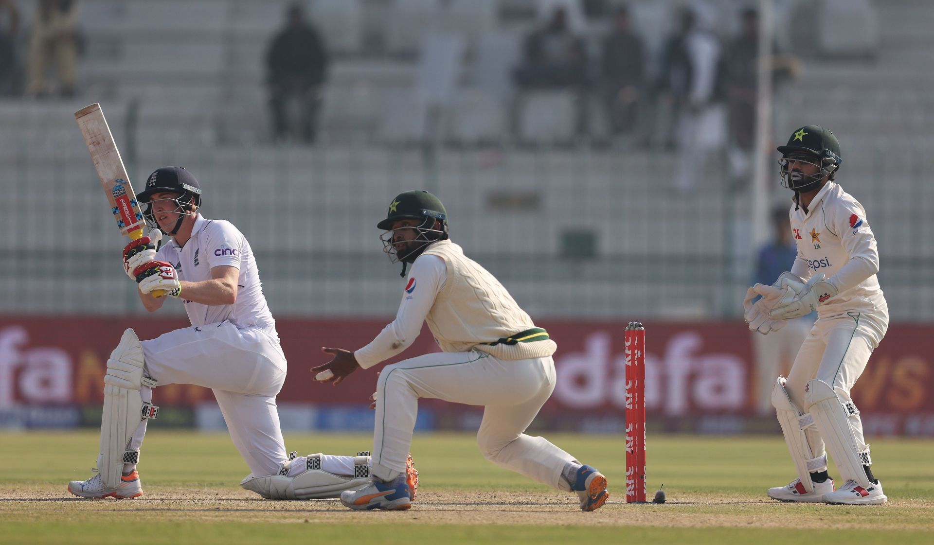 Pakistan v England - Second Test Match: Day Three MULTAN, PAKISTAN - DECEMBER 11: Harry Brook of England hits the 'Bazball' towards the boundary during day three of the Second Test Match between Pakistan and England at Multan Cricket Stadium on December 11, 2022 in Multan, Pakistan. (Photo by Matthew Lewis/Getty Images)