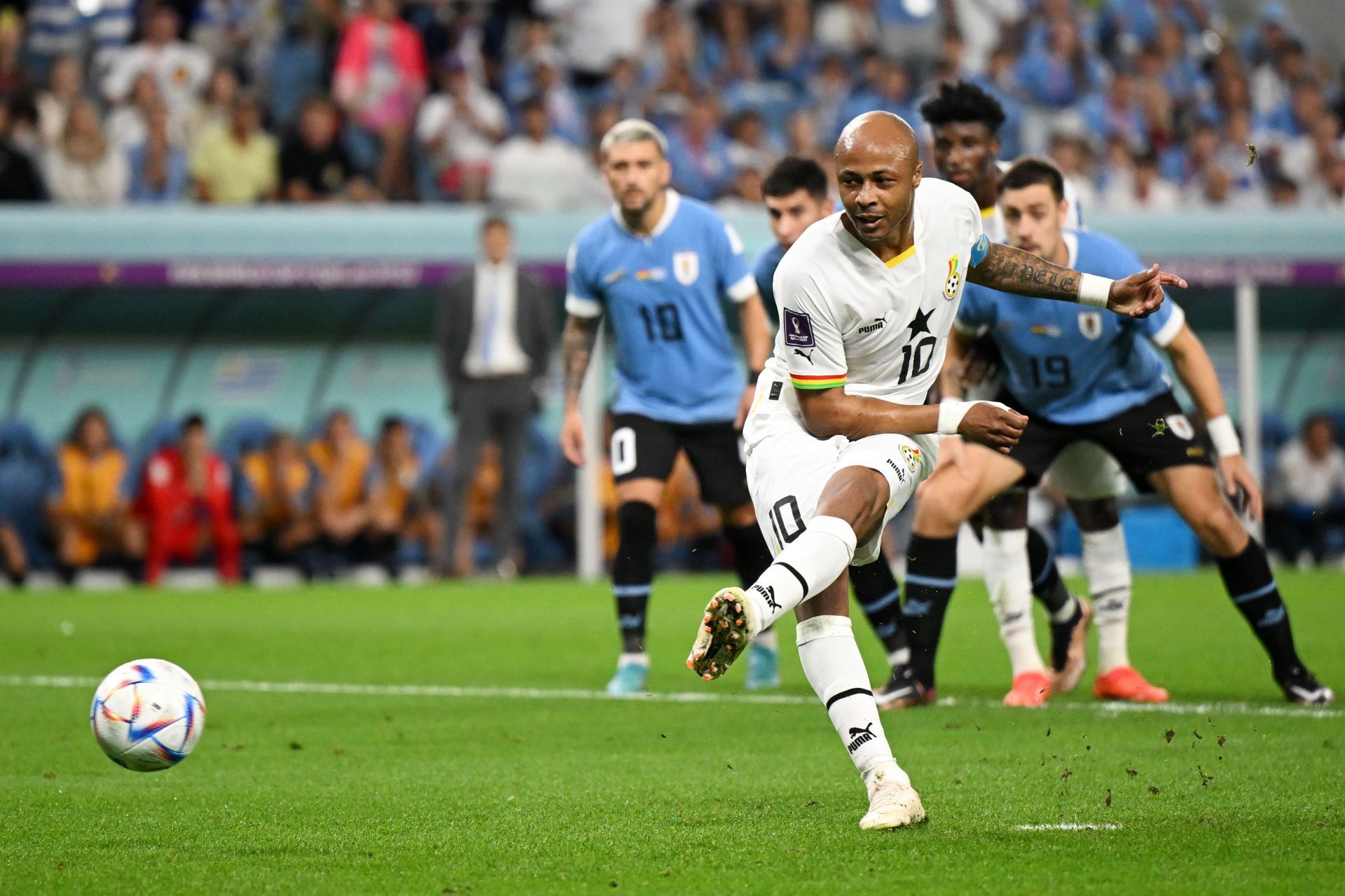 Andre Ayew (in white) saw his penalty saved by Sergio Rochet.