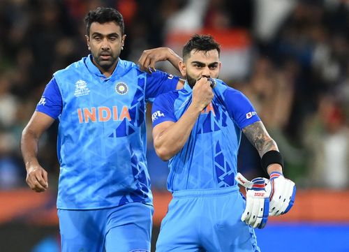 Virat Kohli (right) celebrates India’s win over Pakistan in the T20 World Cup at the Melbourne Cricket Ground (MCG). Pic: Getty Images