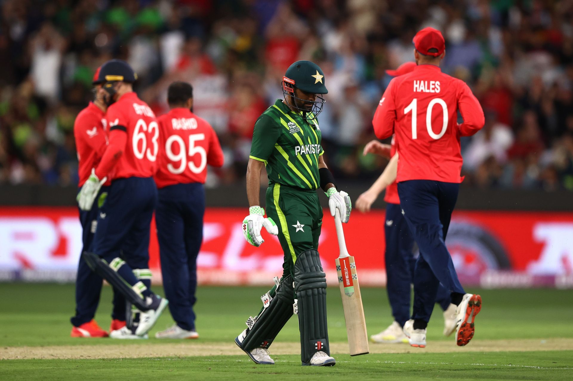 The Pakistan skipper walks off the field after being dismissed in the T20 World Cup 2022 final. Pic: Getty Images