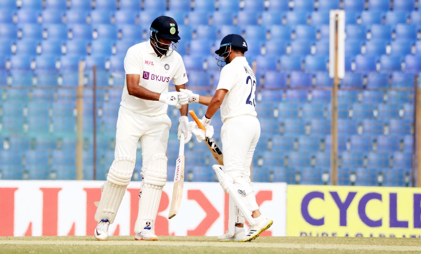 Kuldeep Yadav (R) played a handy knock on Day 2 of the Chattogram Test. [P/C: BCCI/Twitter]