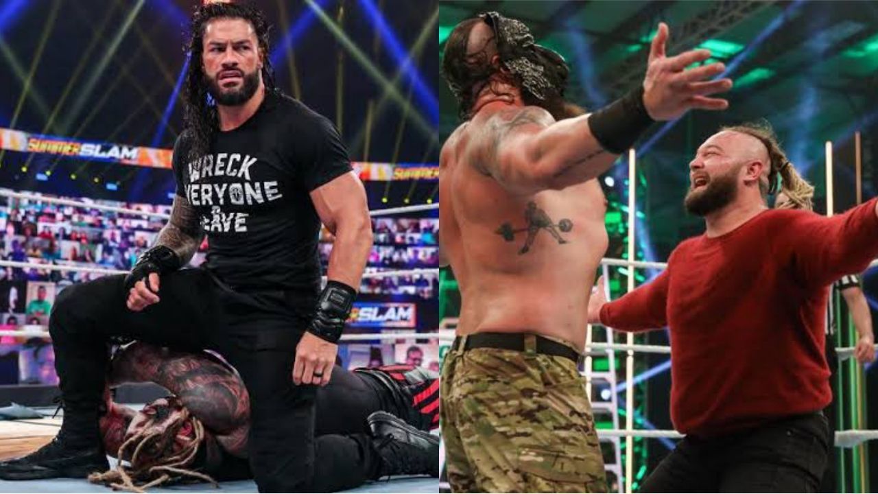 WWE सुपरस्टार्स रोमन रेंस, ब्रॉन स्ट्रोमैन और ब्रे वायट 