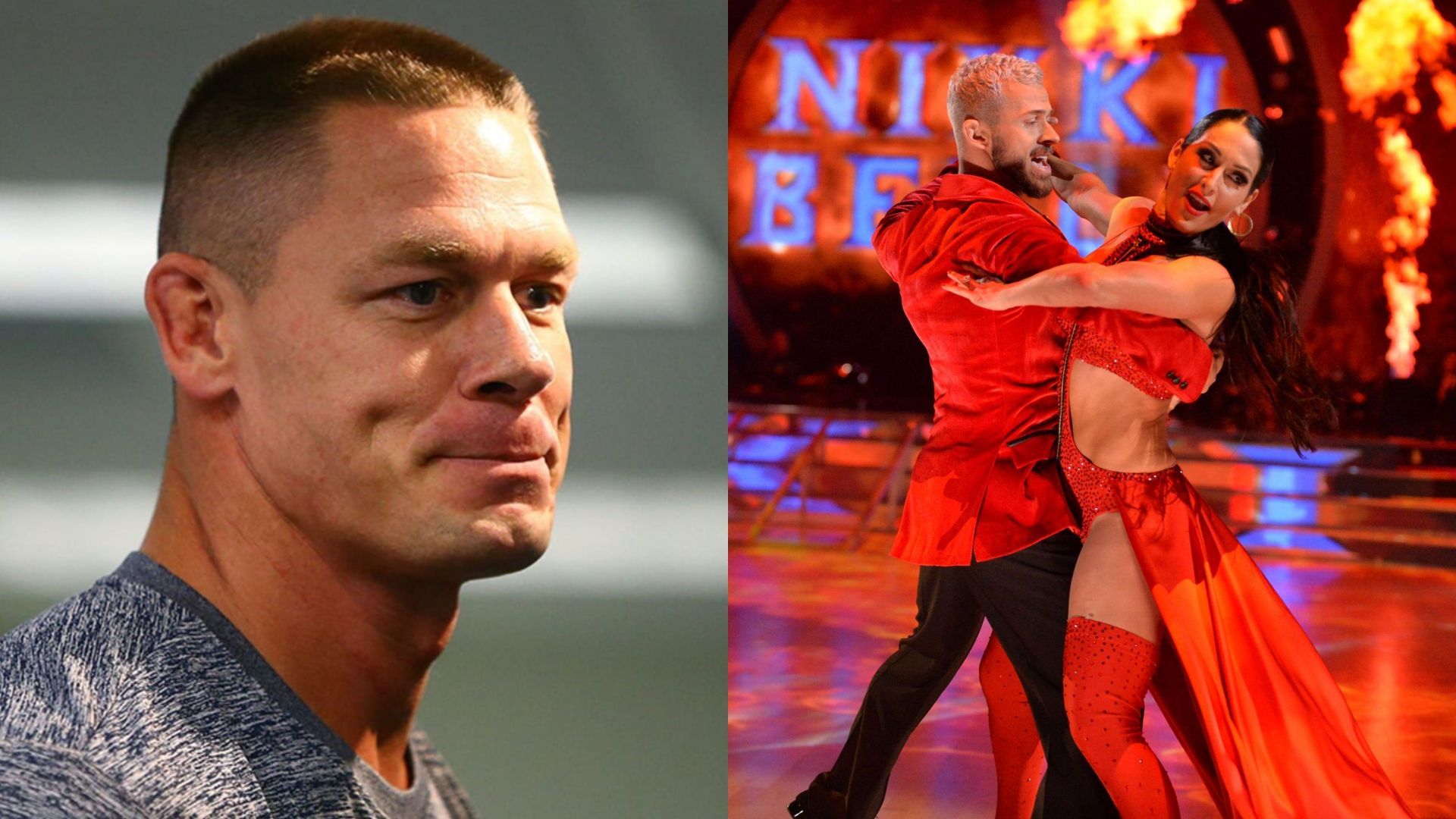 John Cena (left) and WWE Hall of Famer Nikki Bella with her husband, Artem Chigvintsev (right)