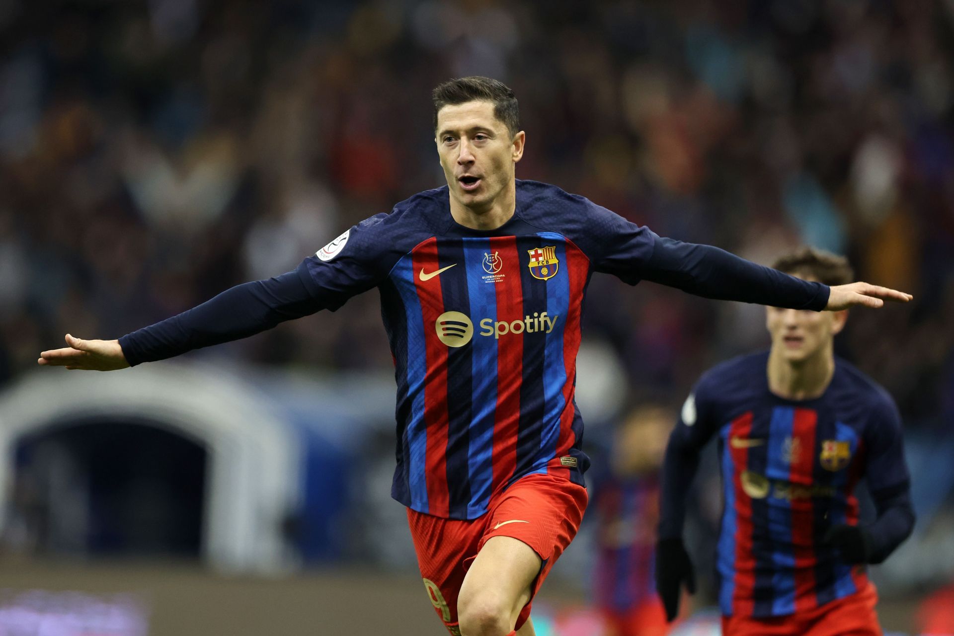 Robert Lewandowski celebrates after scoring against Real Madrid. Manchester United v AFC Bournemouth - Premier League