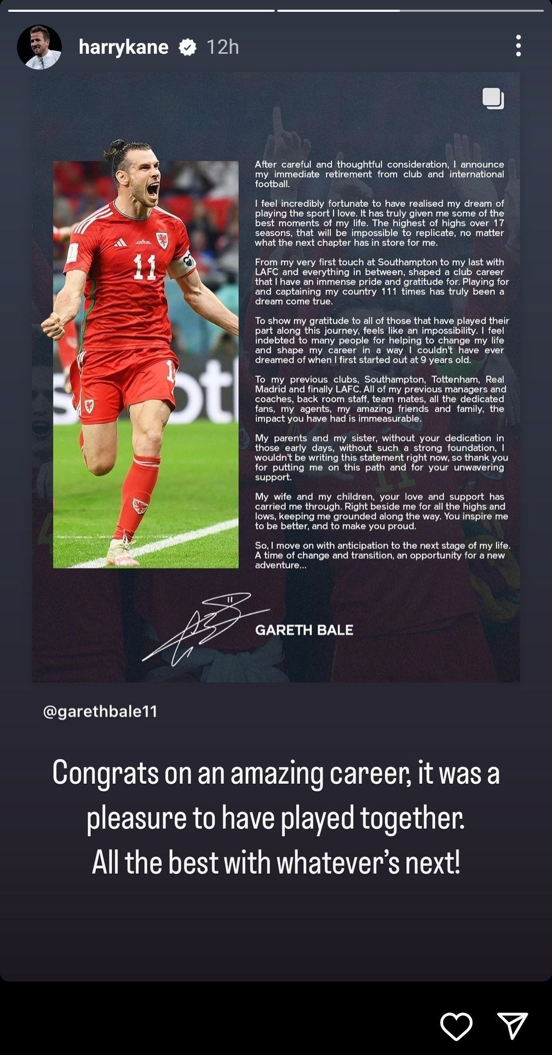 Harry Kane&#039;s Instagram story for Bale