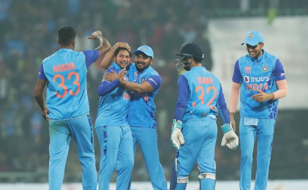 Kuldeep Yadav celebrating a wicket with his teammates [Pic Credit: BCCI]